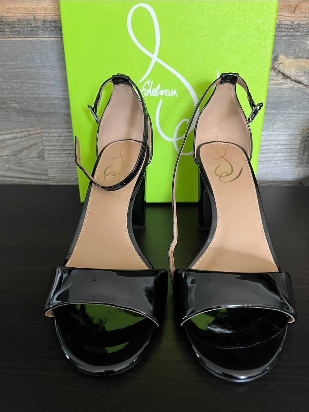 Sam Edelman Black Patent Ankle Strap Block Heels